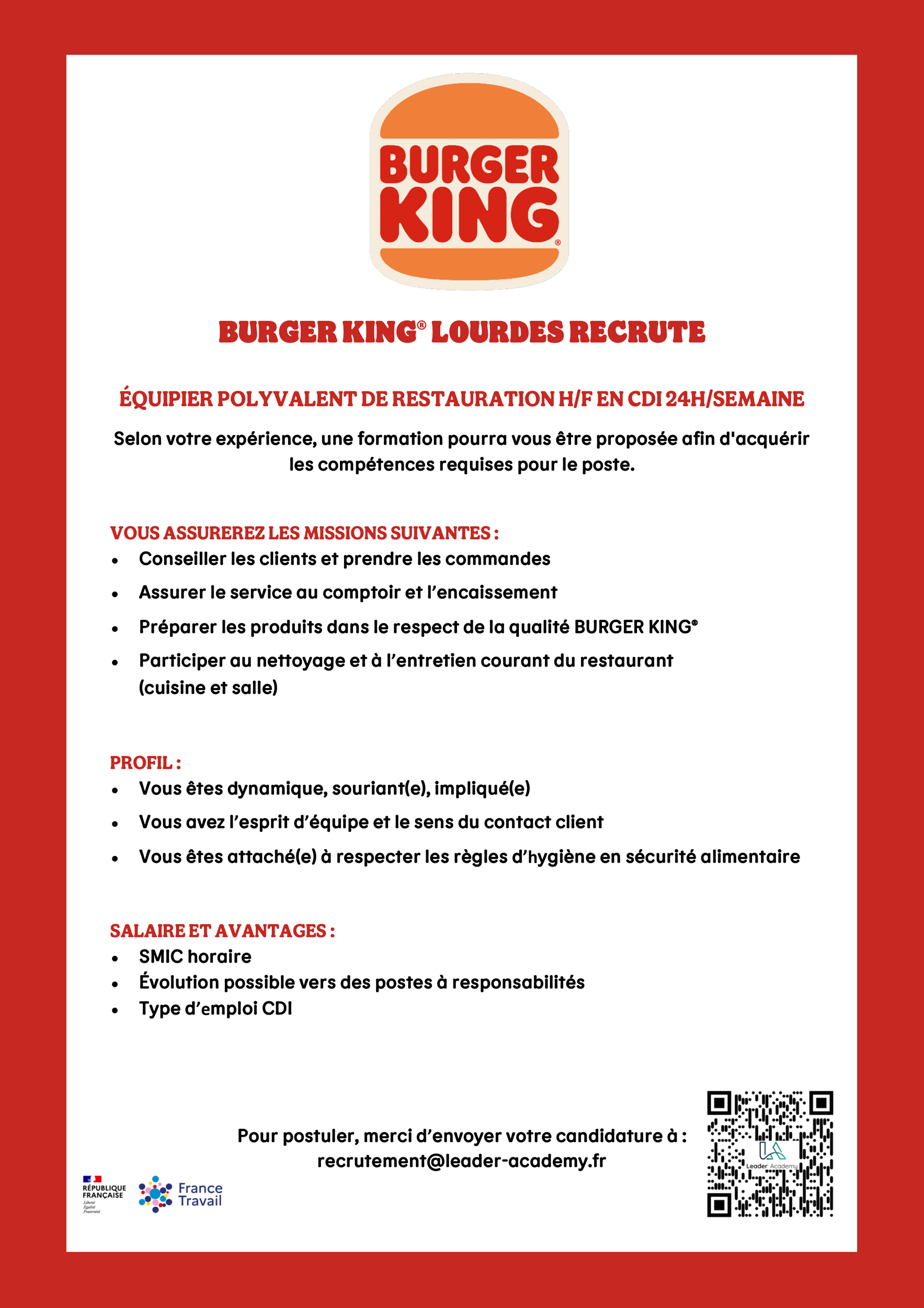 Annonce Burger King recrute Lourdes