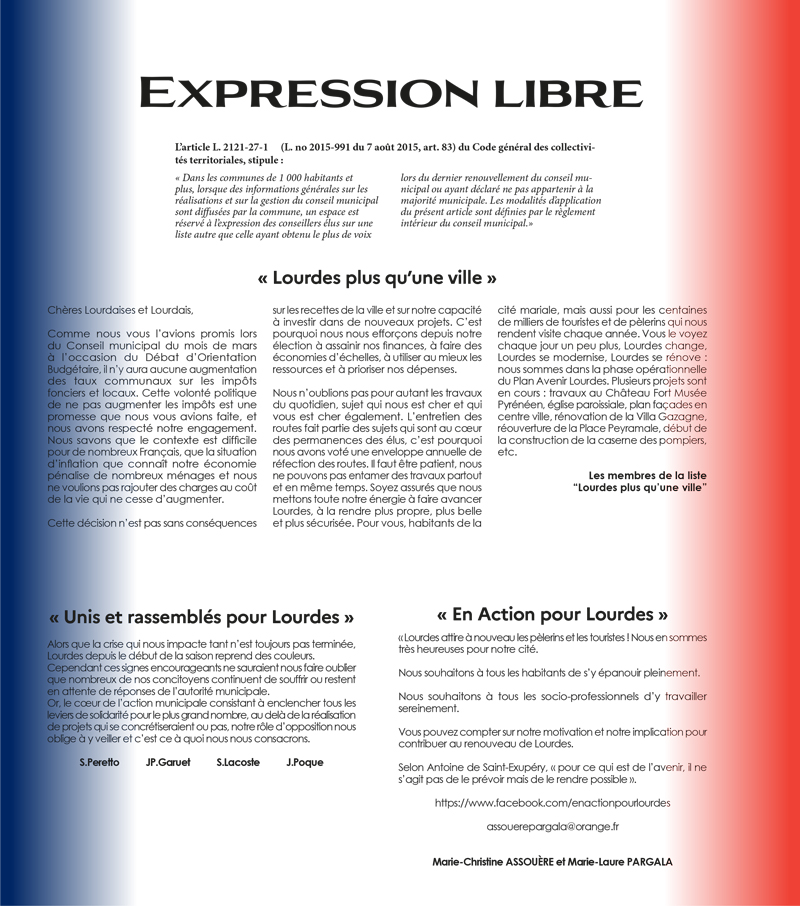 Page Expression Libre magazine municipal 12 Lourdes ma ville