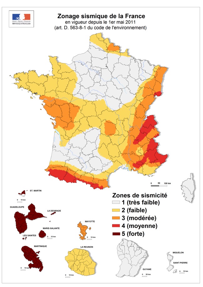 Carte du zonage de la sismicité en France