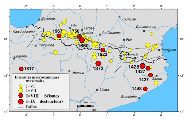 Carte représentant la sismicité historique des Pyrénées