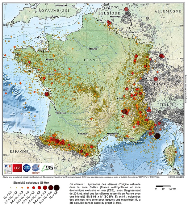 La carte associée au catalogue de la sismicité instrumentale de France