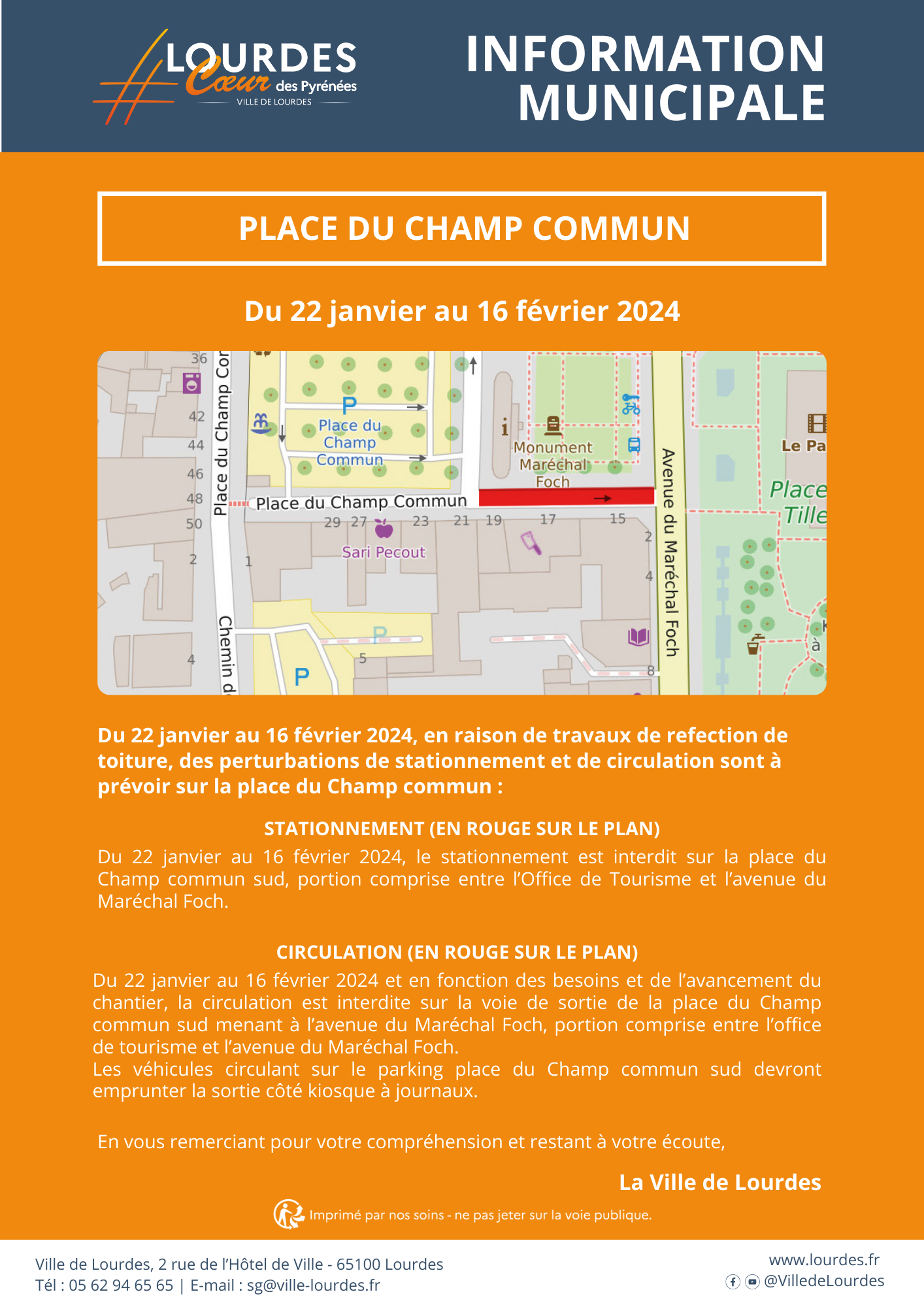Information Municipale Avenue Maréchal Foch travaux de réparation d’assainissement pour le compte de la CATLP du 17 au 25 janvier 2024