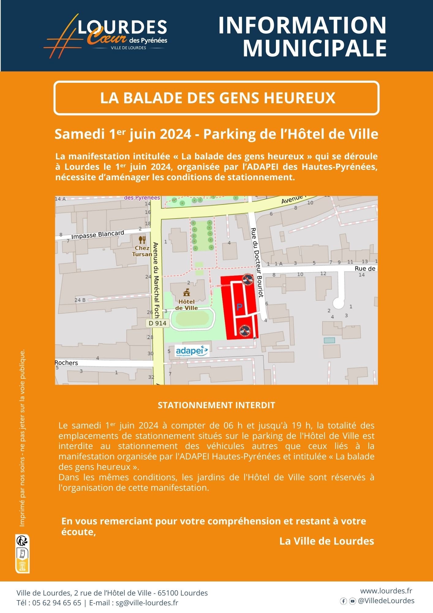 Sationnement interdit Parking Hotel de Ville Samedi 1er juin 2024