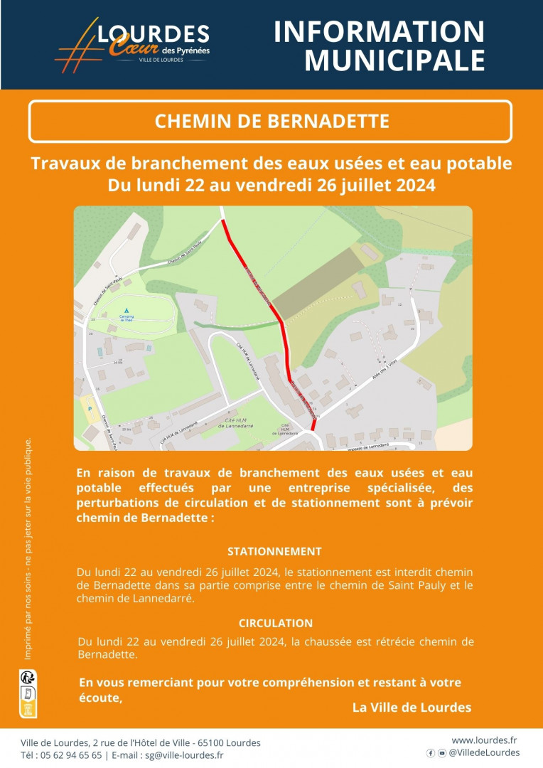 Travaux Branchement Eaux Chemin de Bernadette Du 22 au 26 juillet 2024