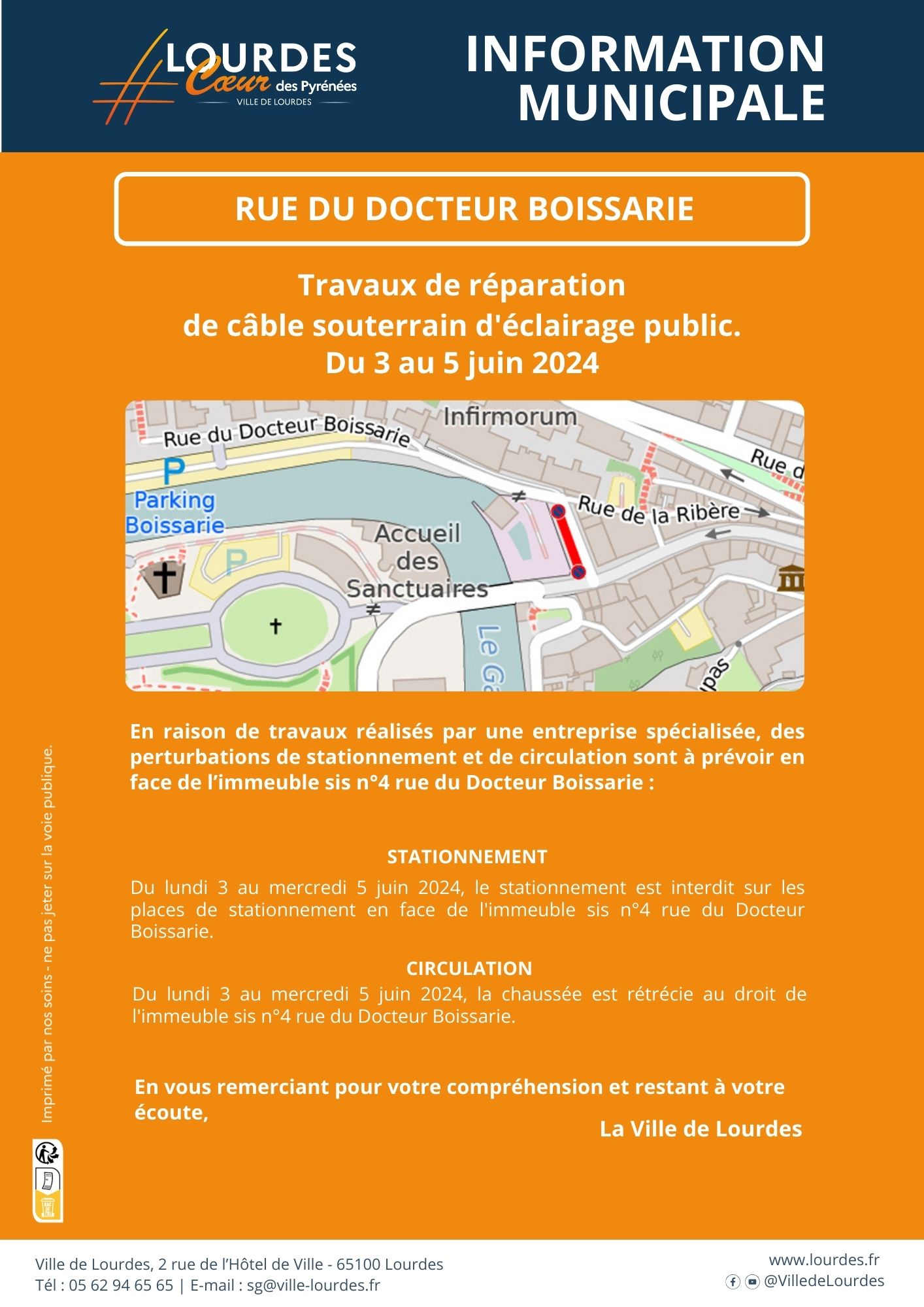 Travaux Eclairage Rue Docteur Boissarie Du 3 au 5 juin 2024