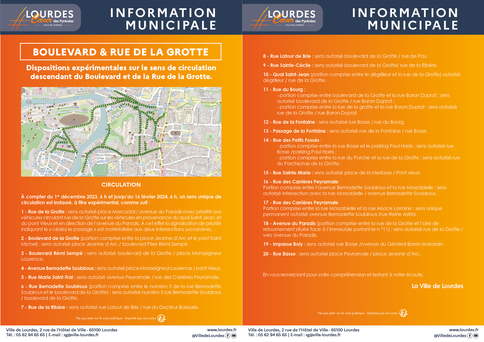 info municipale experimentation sens de circulation Lourdes