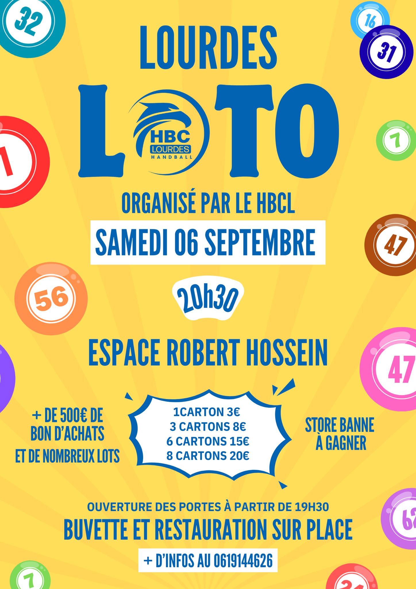 Affiche du loto du HBC Lourdes Handball – samedi 6 septembre 2025, 20h30, Espace Robert Hossein, lots à gagner et buvette/restauration sur place.