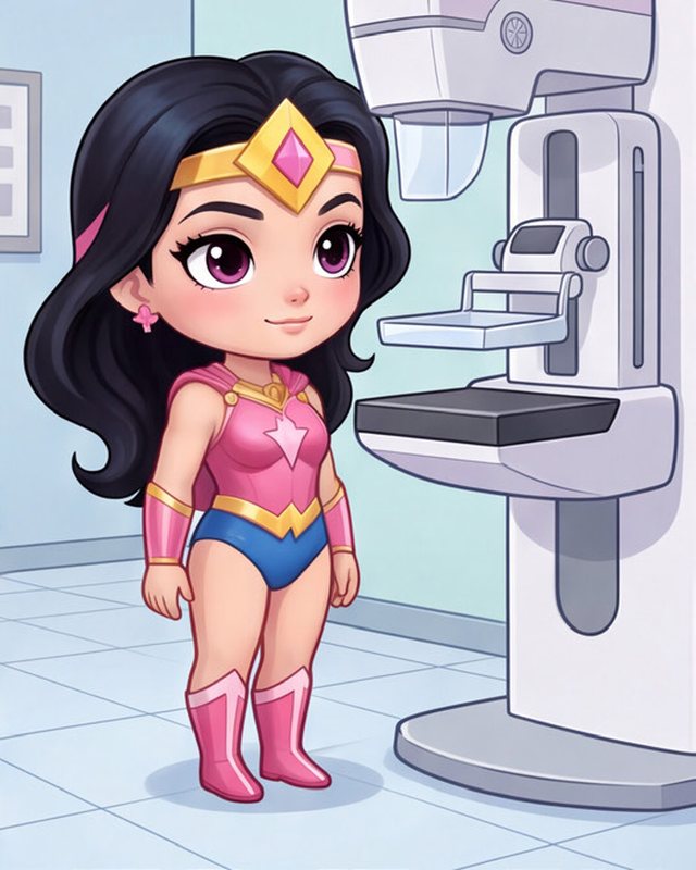 Illustration : la super-héroïne d'Octobre Rose devant un mammographe