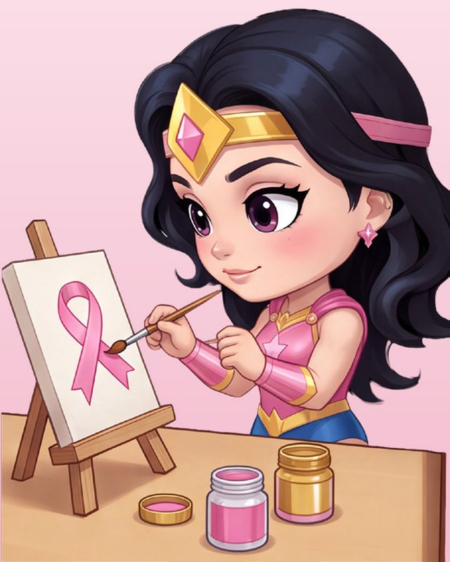 Illustration : la super-héroïne d'Octobre Rose peignant un ruban rose